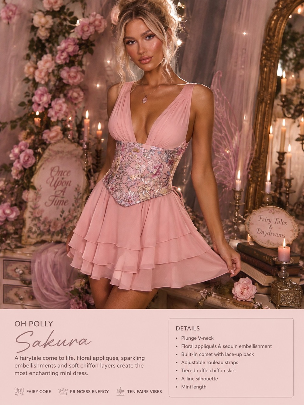 Oh Polly 🌷 ‘Sakura’ Blush Pink Floral Corset Tiered Mini Dress 👗 • Sz 6 🎀 • NWT✨